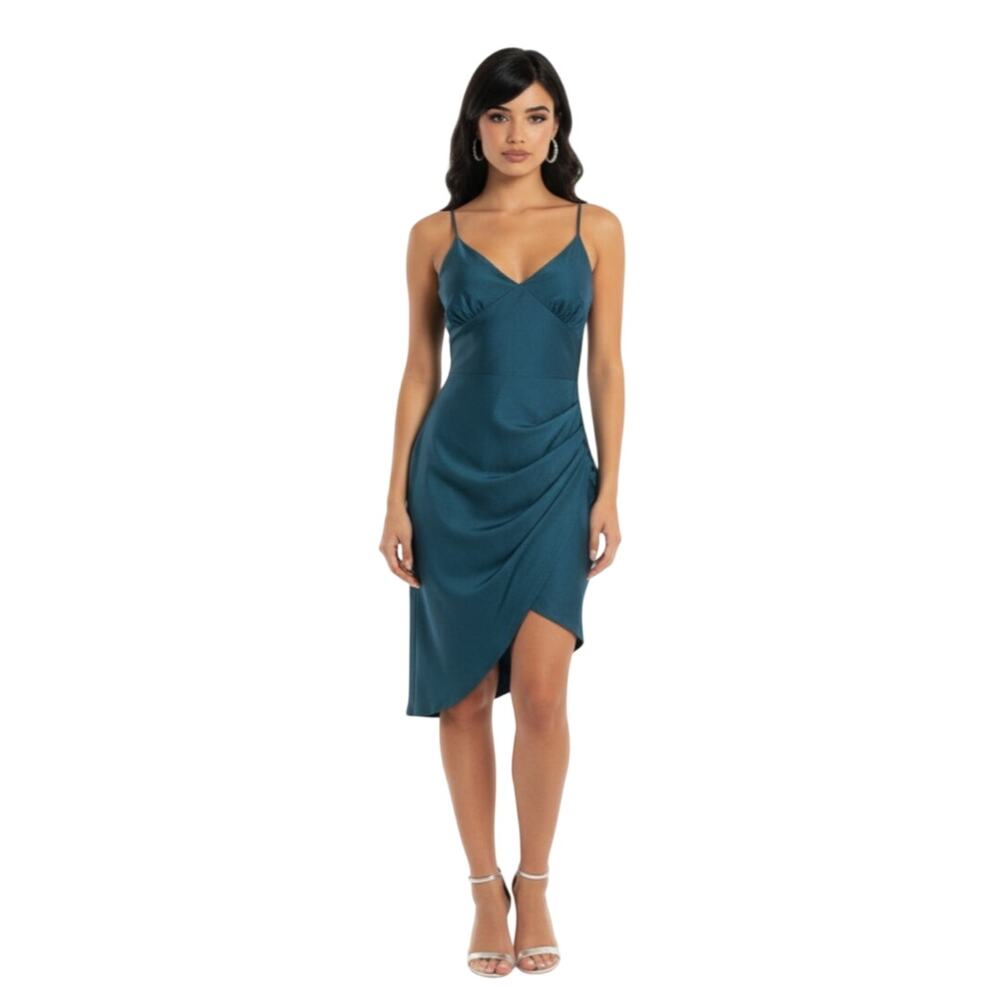 E.L.H Studio Deep Teal Green V-Neck Asymmetrical Midi Dress